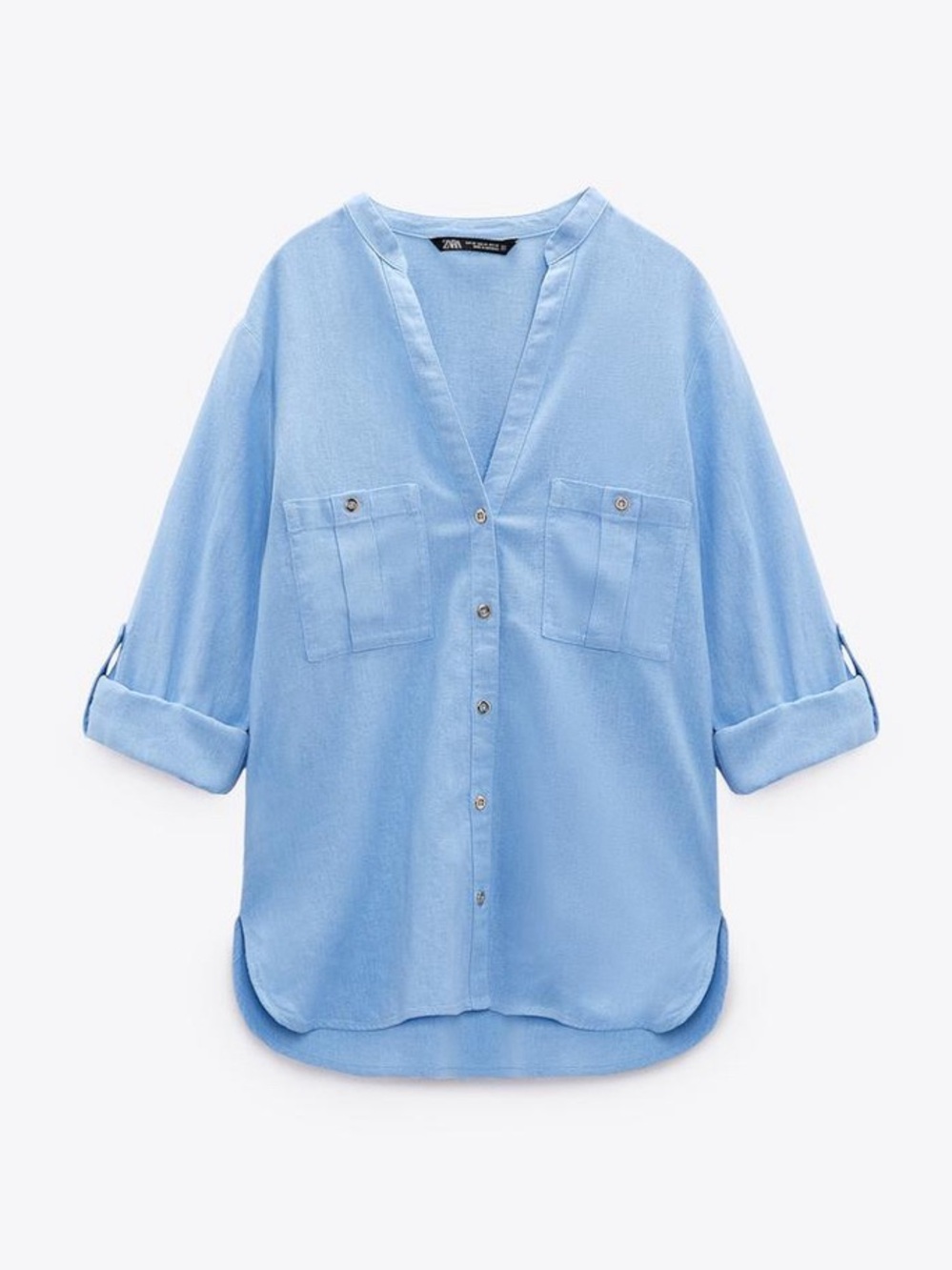 Zara Roll Up Sleeve Linen Blend Button Up Shirt Size L